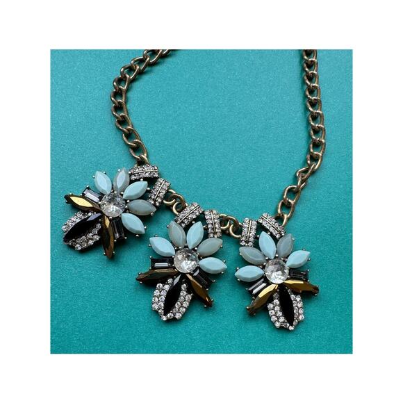 J. Crew VTG Gold Tone Blue Bead Rhinestone Sparkly Statement Necklace - Picture 2 of 8